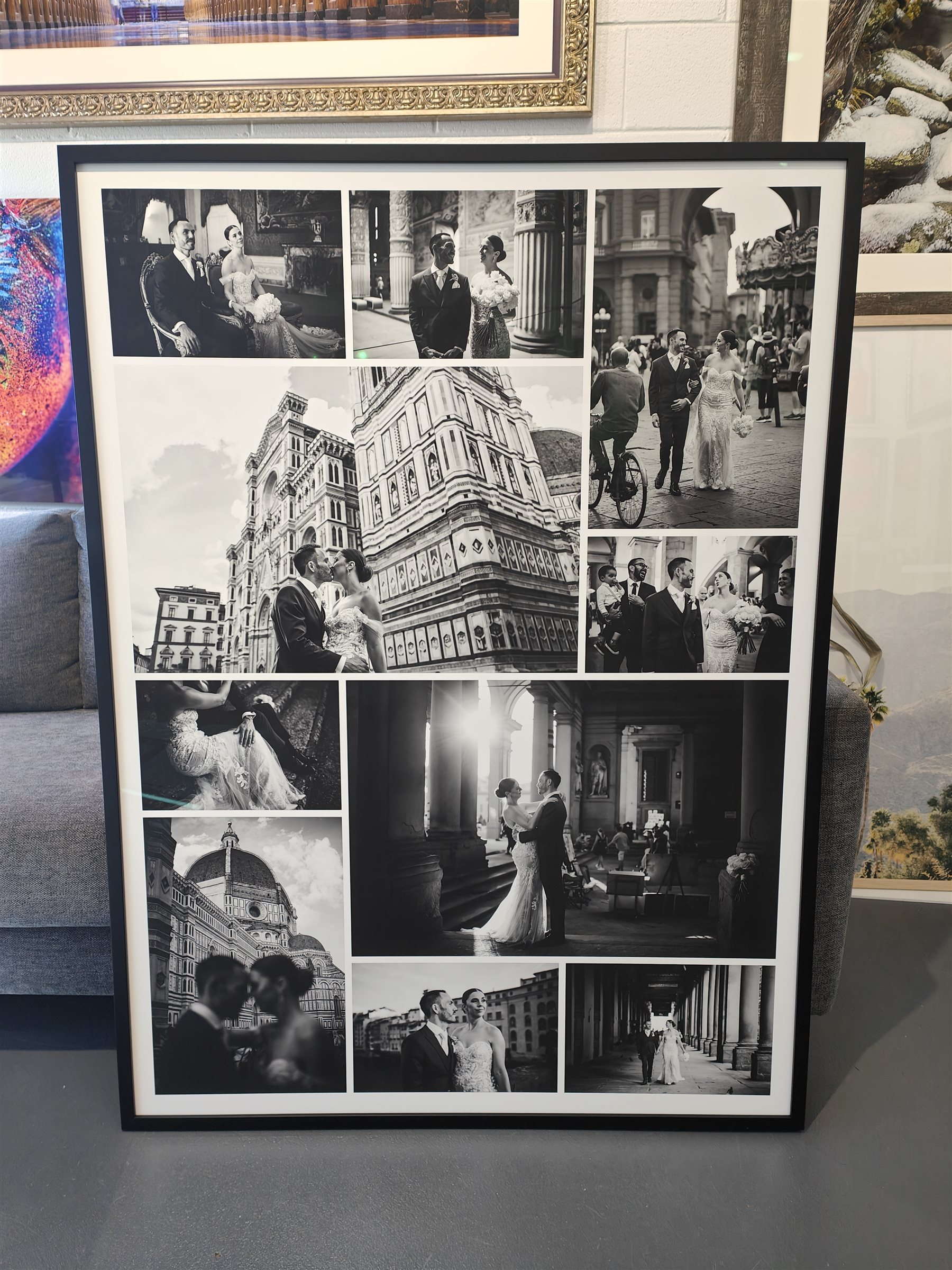 Black and white wedding photo collage printed and framed in a black frame
