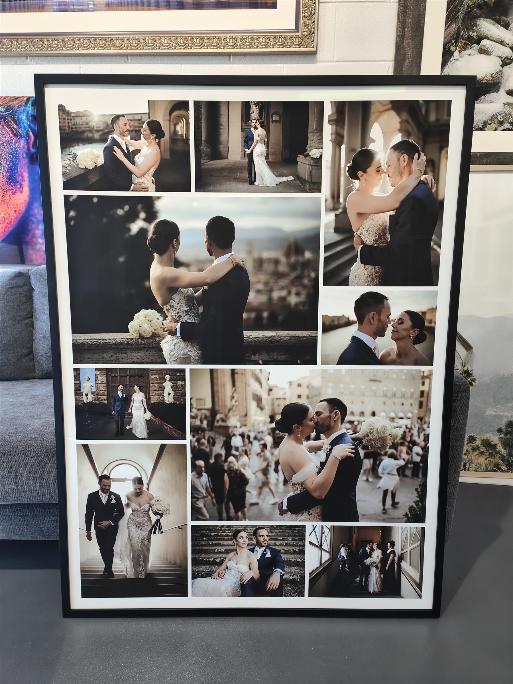 Colour wedding photo collage printed and framed in a black frame
